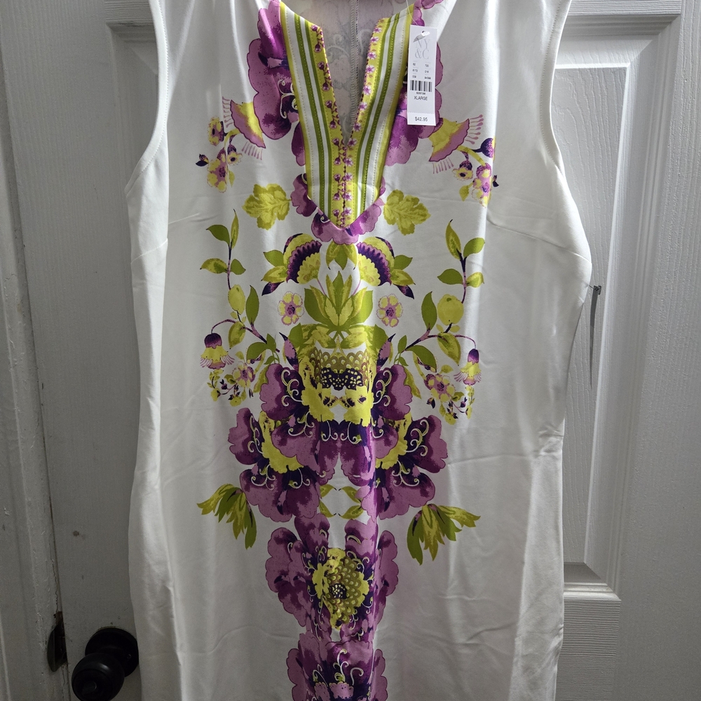 New York & Company White Dress with Purple and Green Floral Design